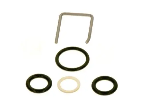 BOSCH Schalldämpfer mit diversen O-Ringen und einem Drahtbügel, angeordnet auf einem weißen Hintergrund.